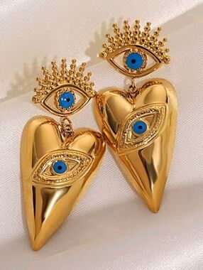 Gold Heart Drop Earrings with Blue Eye Accents